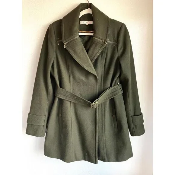 Kenneth Cole Women's Wool Blend Belted Olive Green Coat with Zipper Details Sz 8